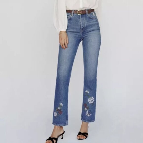 Reformation Jeans Cynthia High Rise Straight Jeans Floral Embroidered Side 26 - Picture 1 of 3